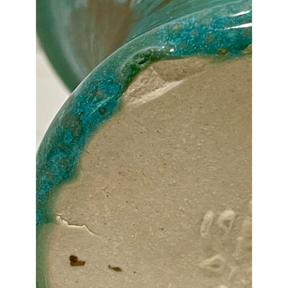 Pisgah Forest Pottery 1950's Trumpet 6.75" Tall Turquoise Gold Vase with Pink - Picture 8 of 14